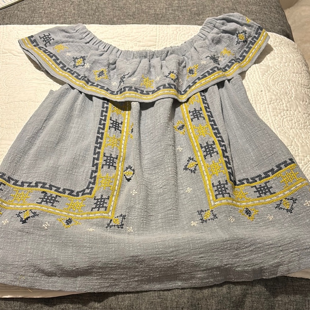 Easel Off Shoulder Top with Yellow, Blue and White Embroidery